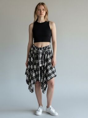 Women’s Plaid Midi Skirt with Tie Waist in Black & White